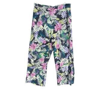 J.Jill Women’s Tropical Floral Cropped Pants Sz Small Pull-On Wide Leg Black Mul